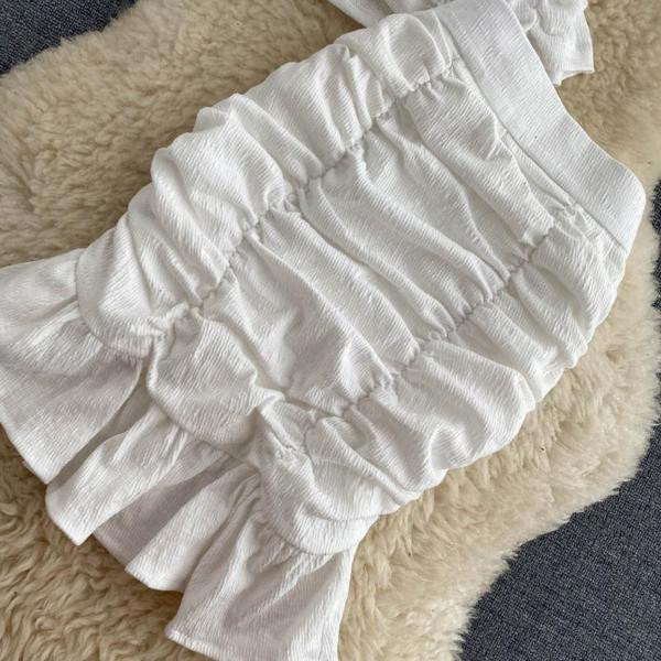 Дамски комплект от блуза и пола с висока талия и къдри 