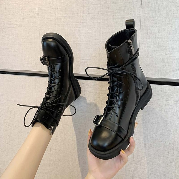 Кожени дамски  зимни боти с връзки 