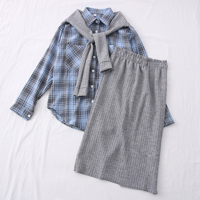 Ежедневен дамски комплект от две части карирана риза+пола