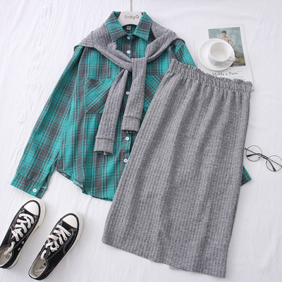 Ежедневен дамски комплект от две части карирана риза+пола