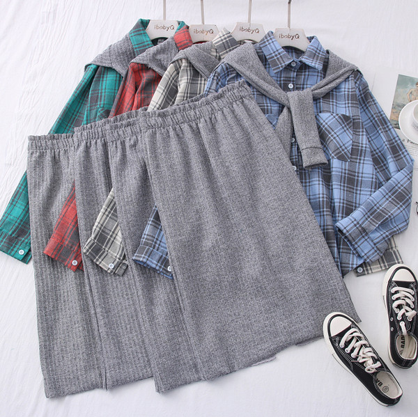 Ежедневен дамски комплект от две части карирана риза+пола