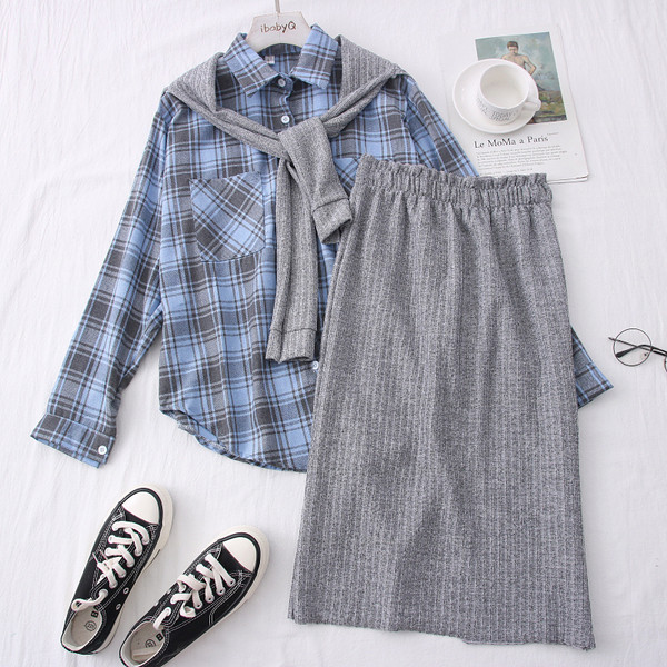 Ежедневен дамски комплект от две части карирана риза+пола