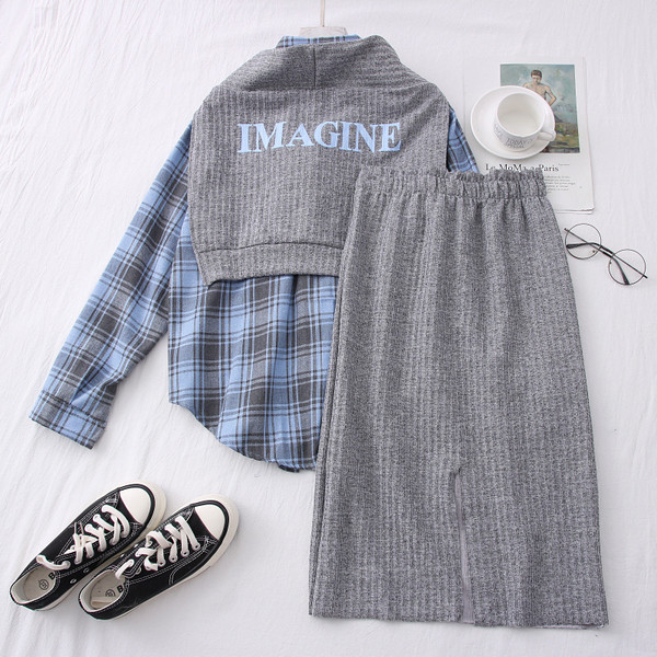 Ежедневен дамски комплект от две части карирана риза+пола