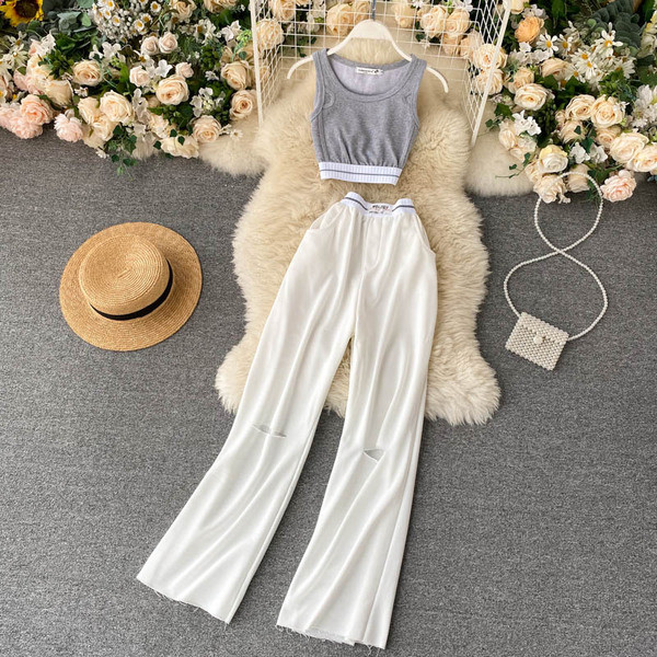 Ежедневен дамски комплект от потник и панталон с лластична талия 