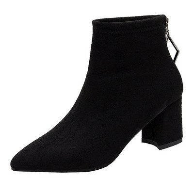 Модерни дамски боти от еко велур  с дебел ток и цип