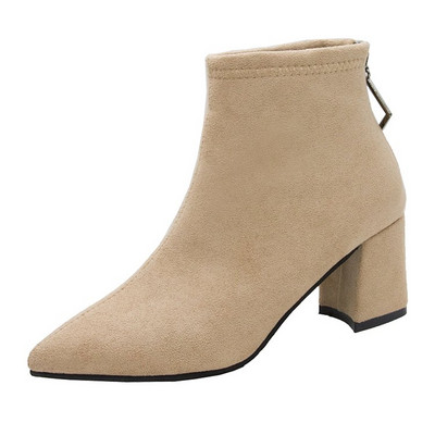 Модерни дамски боти от еко велур  с дебел ток и цип