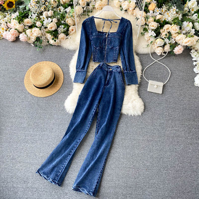 Дамски дънков комплект от панталон и блуза с квадратно деколте и цип