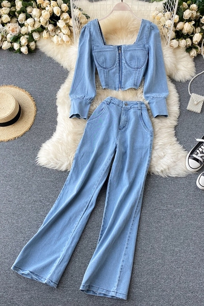 Дамски дънков комплект от панталон и блуза с квадратно деколте и цип 