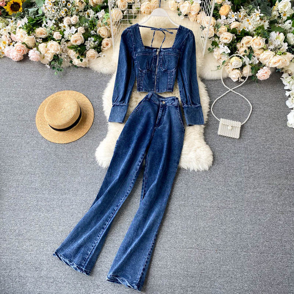 Дамски дънков комплект от панталон и блуза с квадратно деколте и цип 