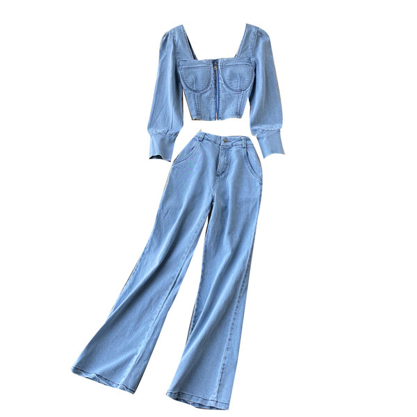 Дамски дънков комплект от панталон и блуза с квадратно деколте и цип 