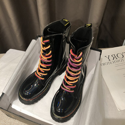 Модерни дамски боти от еко кожа с бели кантове и връзки