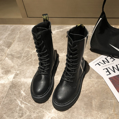 Модерни дамски боти от еко кожа с бели кантове и връзки