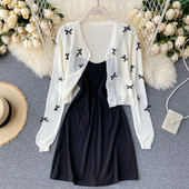 Дамски комплект от рокля и жилетка с панделки