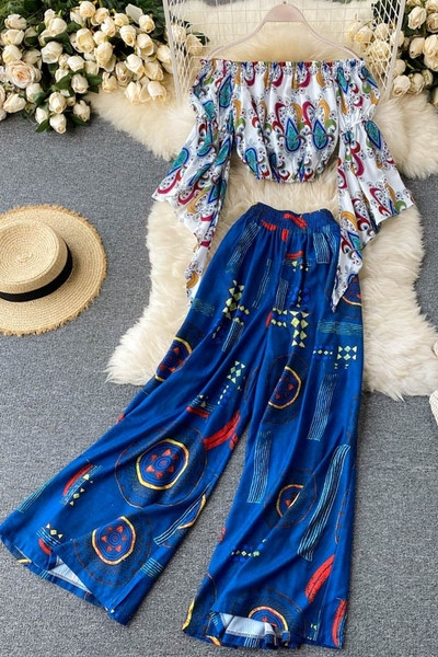 Модерен дамски комплект от блуза с паднали ръкави и панталон 