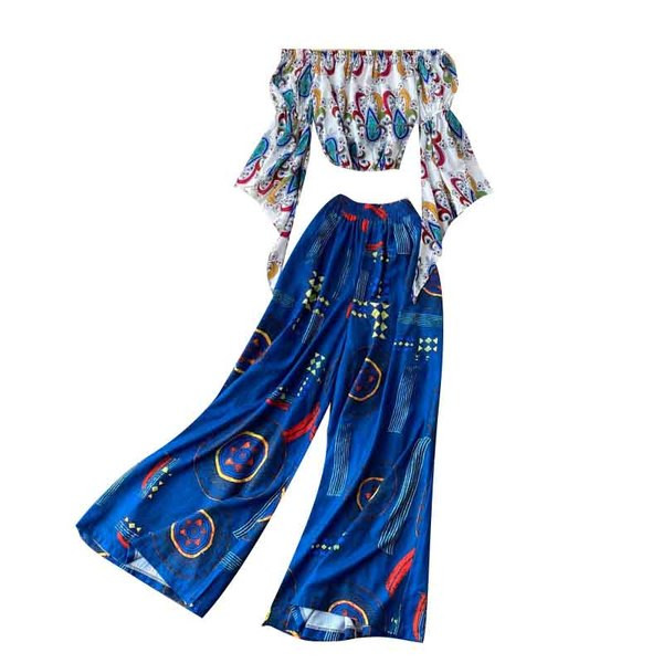 Модерен дамски комплект от блуза с паднали ръкави и панталон 