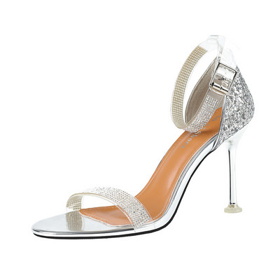 Елегантни дамски сандали на висок ток с камъни и катарама