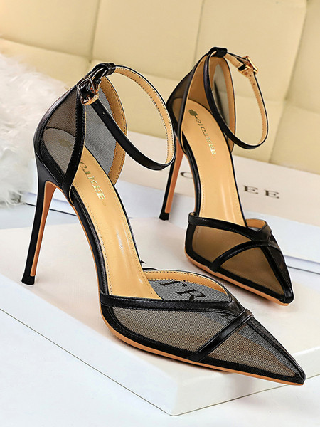 Модерни дамски обувки на висок ток с катарама и тънък ток 