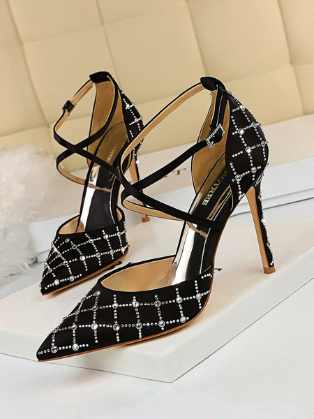 Модерни дамски обувки на висок ток с камъни и катарама 
