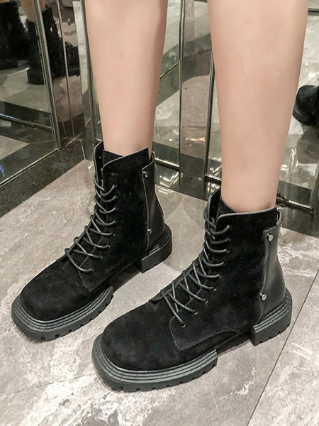 Дамски боти от еко велур с груба подметка и връзки