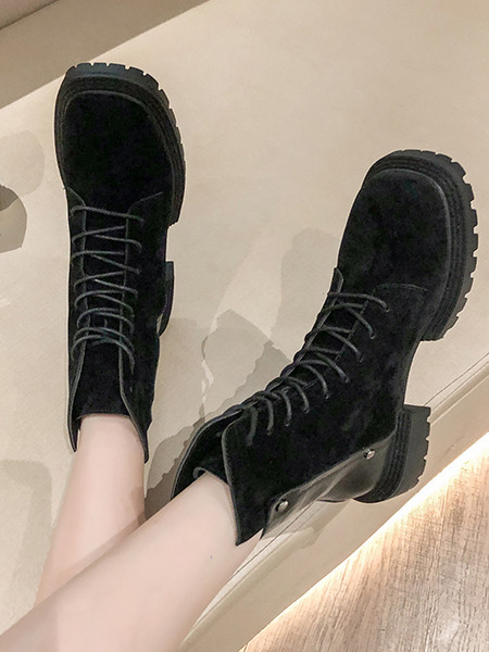 Дамски боти от еко велур с груба подметка и връзки