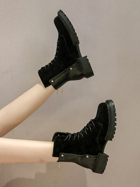 Дамски боти от еко велур с груба подметка и връзки