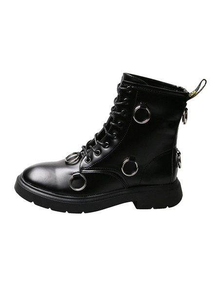 Актуални дамски боти от еко кожа с връзки и метални елементи