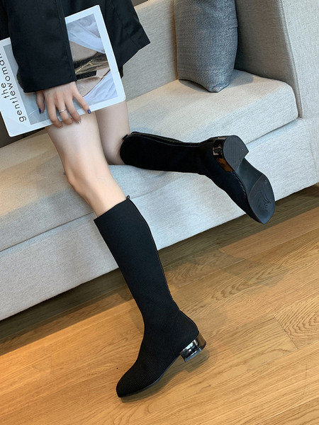 Дамски ботуши от текстил с дебел 3см ток в черен цвят