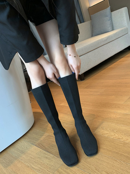 Дамски ботуши от текстил с дебел 3см ток в черен цвят