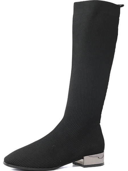 Дамски ботуши от текстил с дебел 3см ток в черен цвят