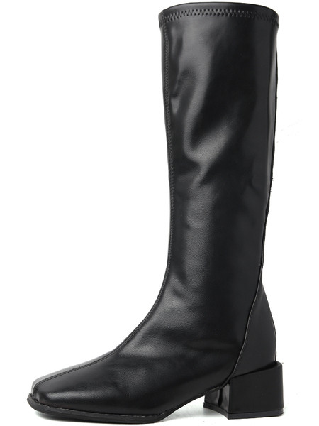 Дамски кожен ботуши с дебел 3 см ток в черен цвят