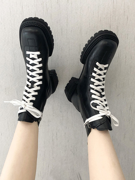 Черни дамски боти от еко кожа с бели връзки