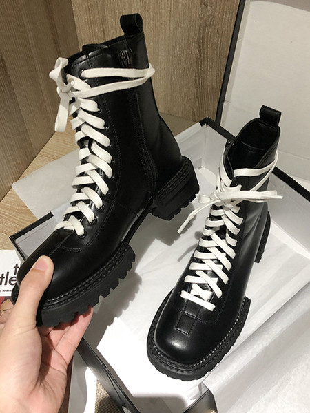 Черни дамски боти от еко кожа с бели връзки