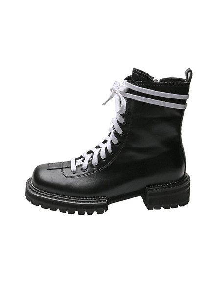 Черни дамски боти от еко кожа с бели връзки