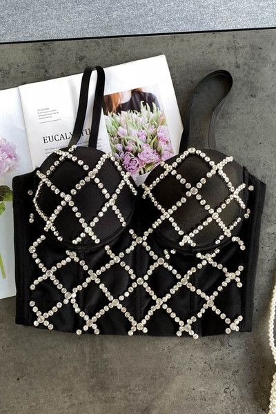 Черно дамско бюстие с тънки презрамки и камъни