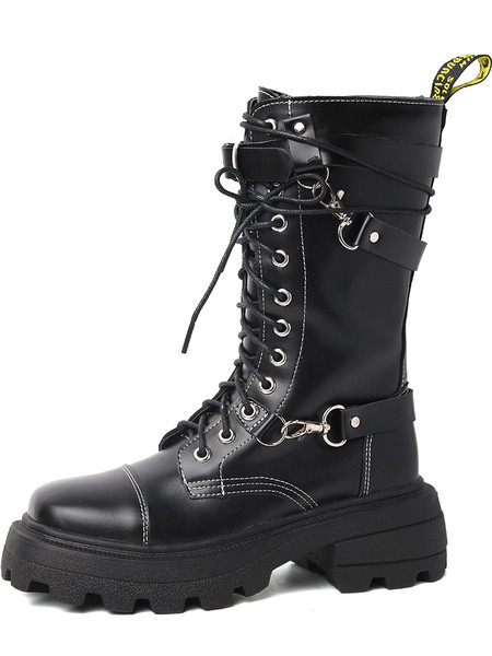 Ženske kožne čizme s grubim potplatom u crnoj boji