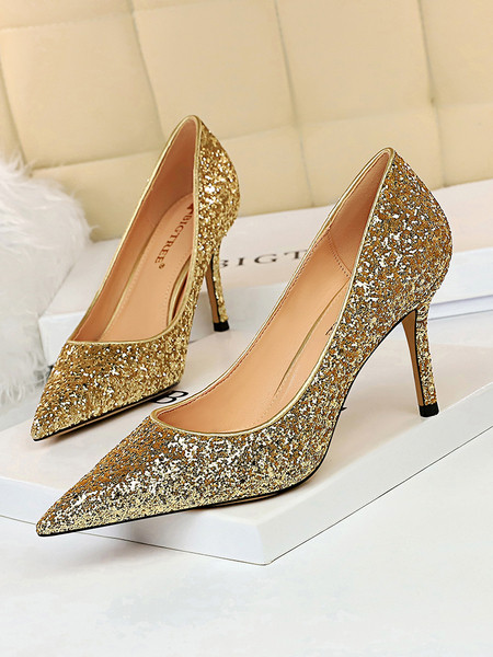 NOVI model ženskih cipela na visoku petu sa sjajnim efektom i kamenčićima