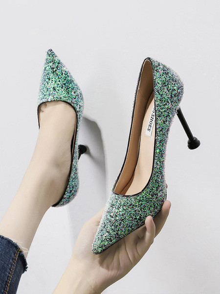 Elegantne ženske cipele na visoku petu s efektom sjaja i crne potpetice