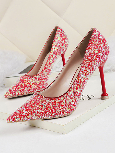 Elegantne ženske cipele na visoku petu s efektom sjaja i crne potpetice