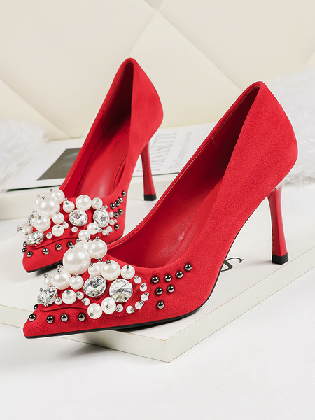 Elegantne ženske cipele na visoku petu sa biserima i tankom petom