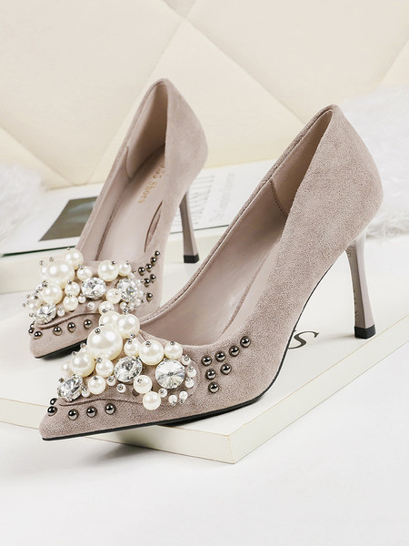 Elegantne ženske cipele na visoku petu sa biserima i tankom petom