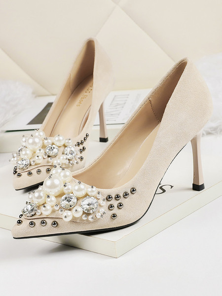 Elegantne ženske cipele na visoku petu sa biserima i tankom petom