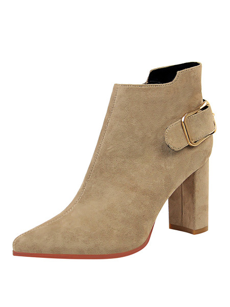 Elegantne ženske čizme na visoku debelu petu s kopčom