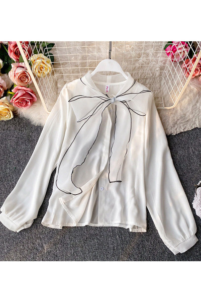 Elegantna bijela ženska košulja s dugim rukavima i trakom