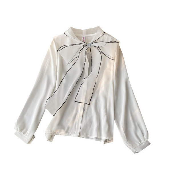 Elegantna bijela ženska košulja s dugim rukavima i trakom