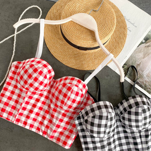 Karirani ženski poprsje s tankim naramenicama