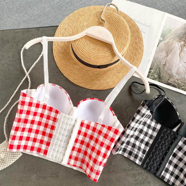 Karirani ženski poprsje s tankim naramenicama