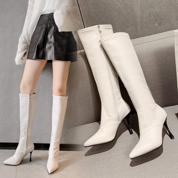 Čizme do koljena od eko kože na tanku petu