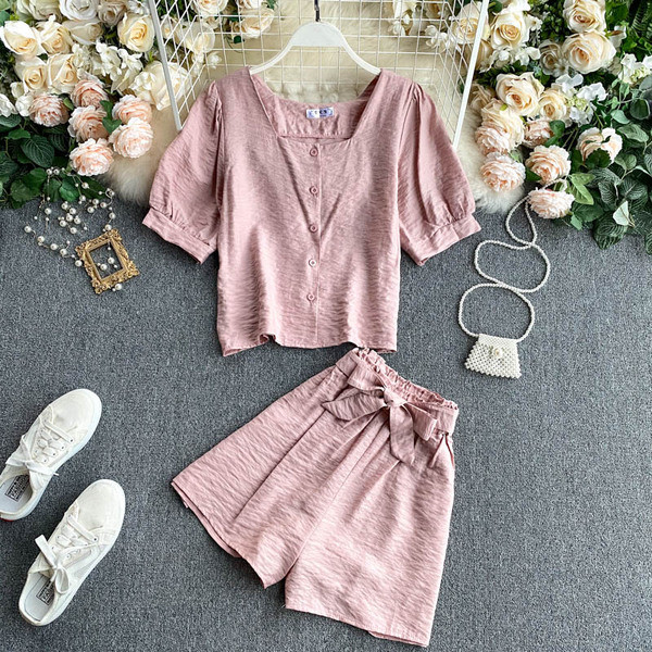 Ženski komplet bluza četvrtastog izreza i hlača visokog struka