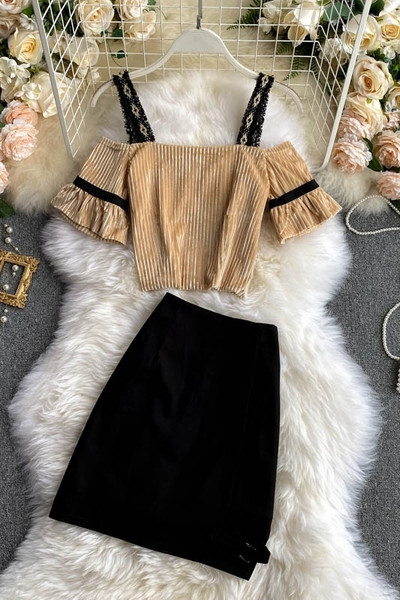 Moderan ženski set suknje s visokim strukom i bluzom od samta