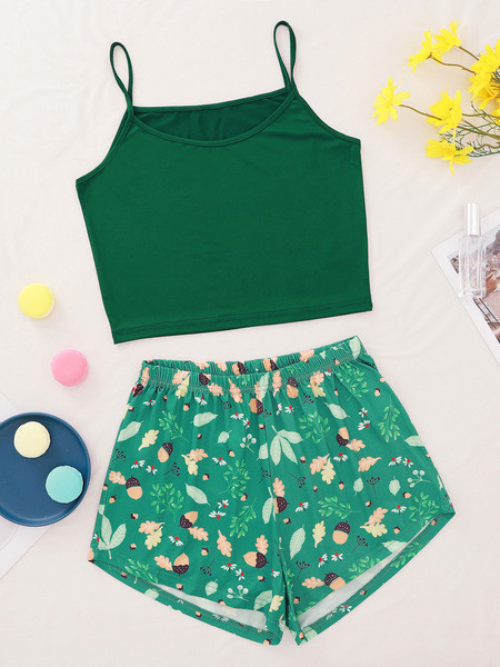 Ženska pidžama iz dva dijela uključuje majicu bez rukava + kratke hlače zelene boje
